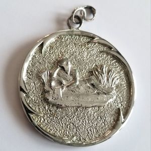 Vintage Aquarius pendant Zodiac waves silver tone big large 70s 1970s